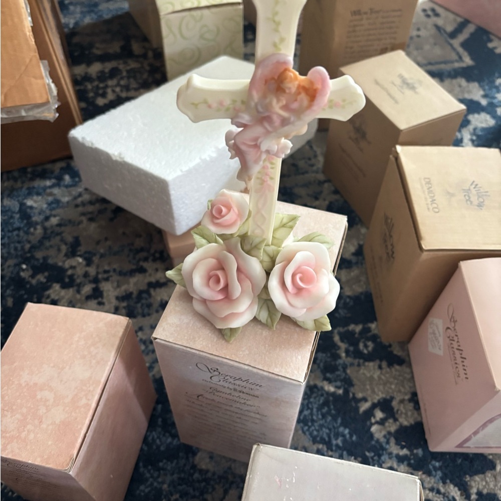 Floral Cross Figurine with Pink Roses